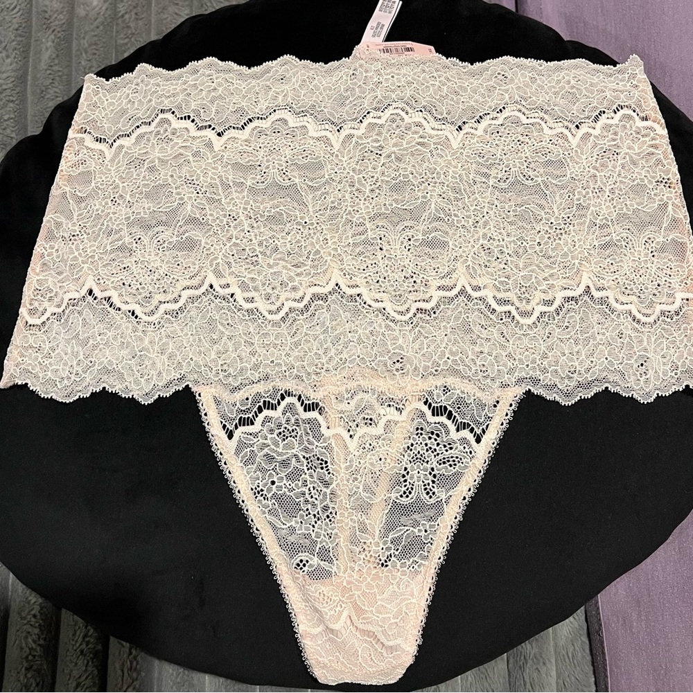 VICTORIA’S SECRET HIGH WAIST LACE THONG BLUSH PANTY  STRETCH NEW TAGS XL LE